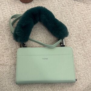 Calpak Mint Green Crossbody Bag with Dark Teal Fur Strap